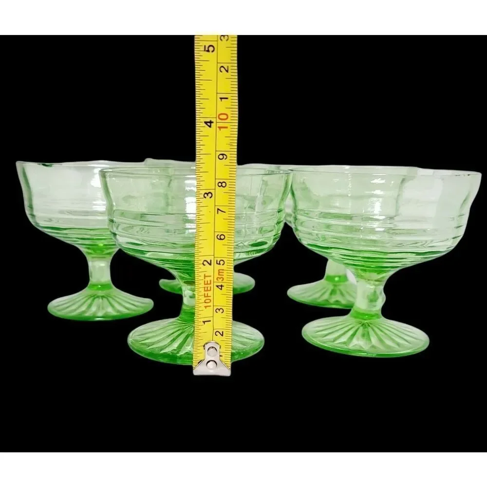 Vintage Green Vaseline Uranium Glass Sherbet Dessert Fruit Custard Cups Set of 5